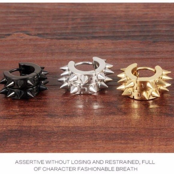1Pair BTS Boys Hip hop Awl Punk Stud Rivet Stainless Spike Hoop Silver Earrings - Picture 3 of 5